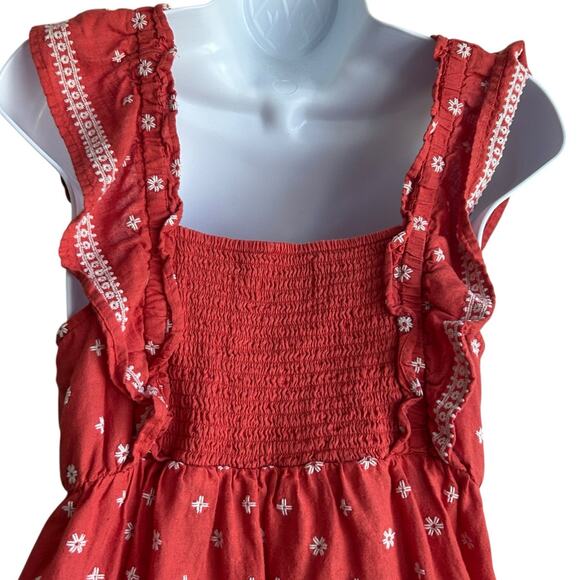 Y2K Old Navy Women Top M Orange Embroidered Flowers Smocked Back Boho Cottage - Picture 3 of 8